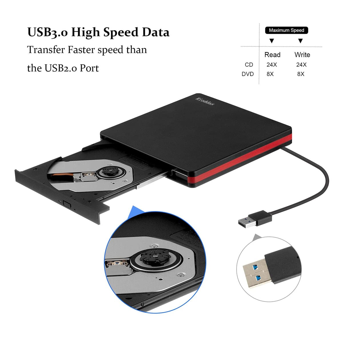 Rioddas External CD Drive, USB 3.0 Portable CD/DVD +/-RW Drive Slim DVD/CD ROM Rewriter Burner for Laptop Desktop PC Windows and Linux OS Apple Mac Macbook Pro — view 6