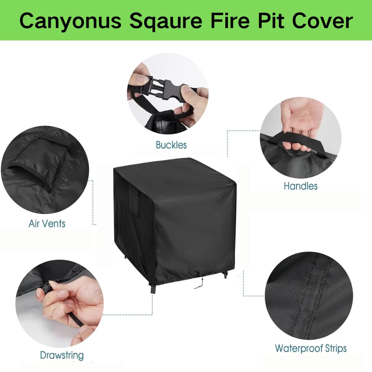 Fire Pit Cover 84 x 84 x 61 cm, Waterproof Windproof Square Fire Pit Cover with Drawstring, 420D Heavy Duty Firepit Covers for Garden Fireplace, Fire Pit Table, Black — view 3