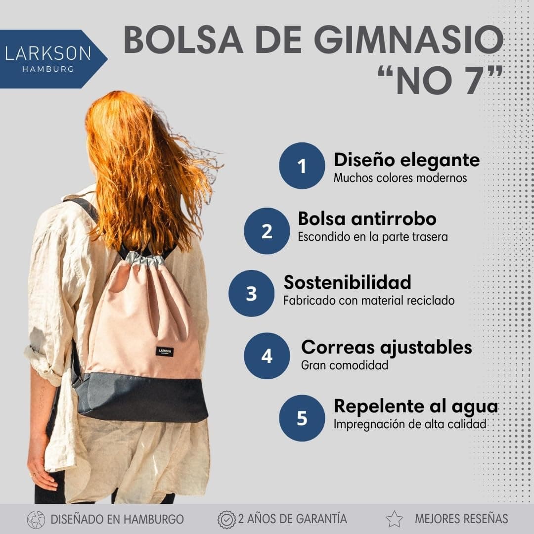 LARKSON Bolso de Deporte para Hombre y Mujer Rosa Gris - No 7 - Bolsa para niños con Cordón - Mochila pequeña de tela para el Gimnasio - Material reciclado — view 2