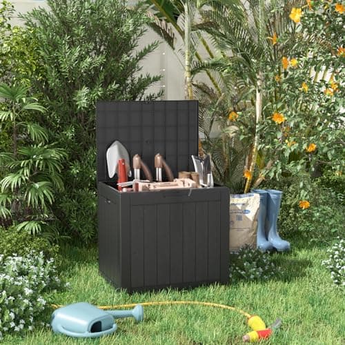 31 Gallon Resin Deck Box, Lockable Patio Outdoor Storage Box for Furniture, Garden Tools and Tools Storage, Waterproof Outside Storage Boxes - Black — view 2