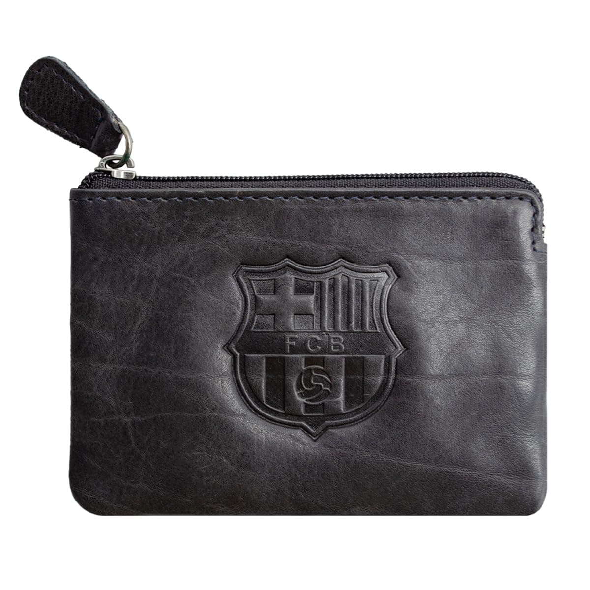 Monedero Piel FC Barcelona con Escudo Grabado | Mini Cartera Compacta con Cremallera | Accesorio Oficial Licenciado para Aficionados (Negro)