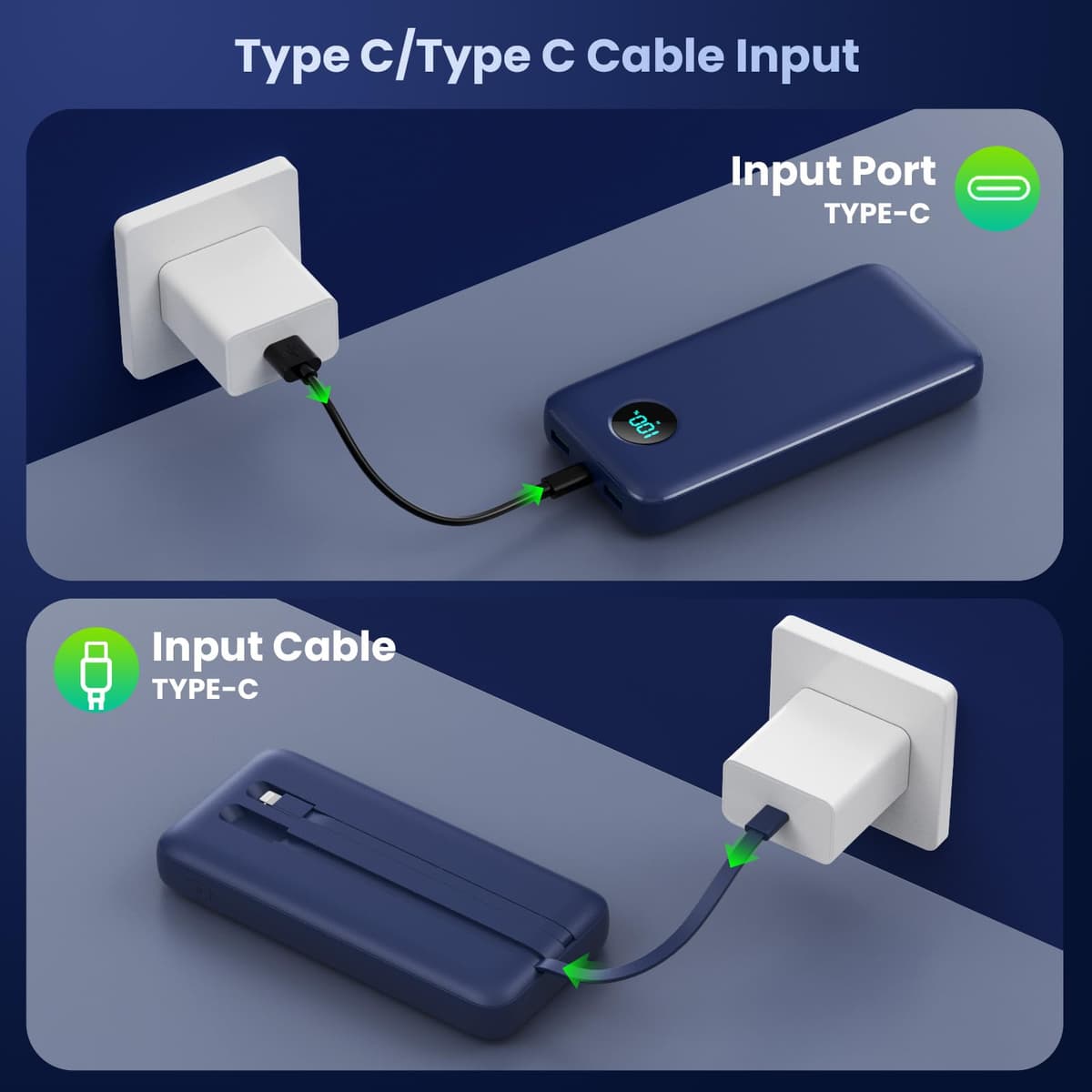 Power Bank 26800mAh con Cable, PD 25W QC4.0 Carga Rápida Batería Externa USB C, 5 Salidas Bateria Portatil con Pantalla LCD Cargador Portátil para iPhone 16/15/14, Samsung Huawei (Azul) — view 5