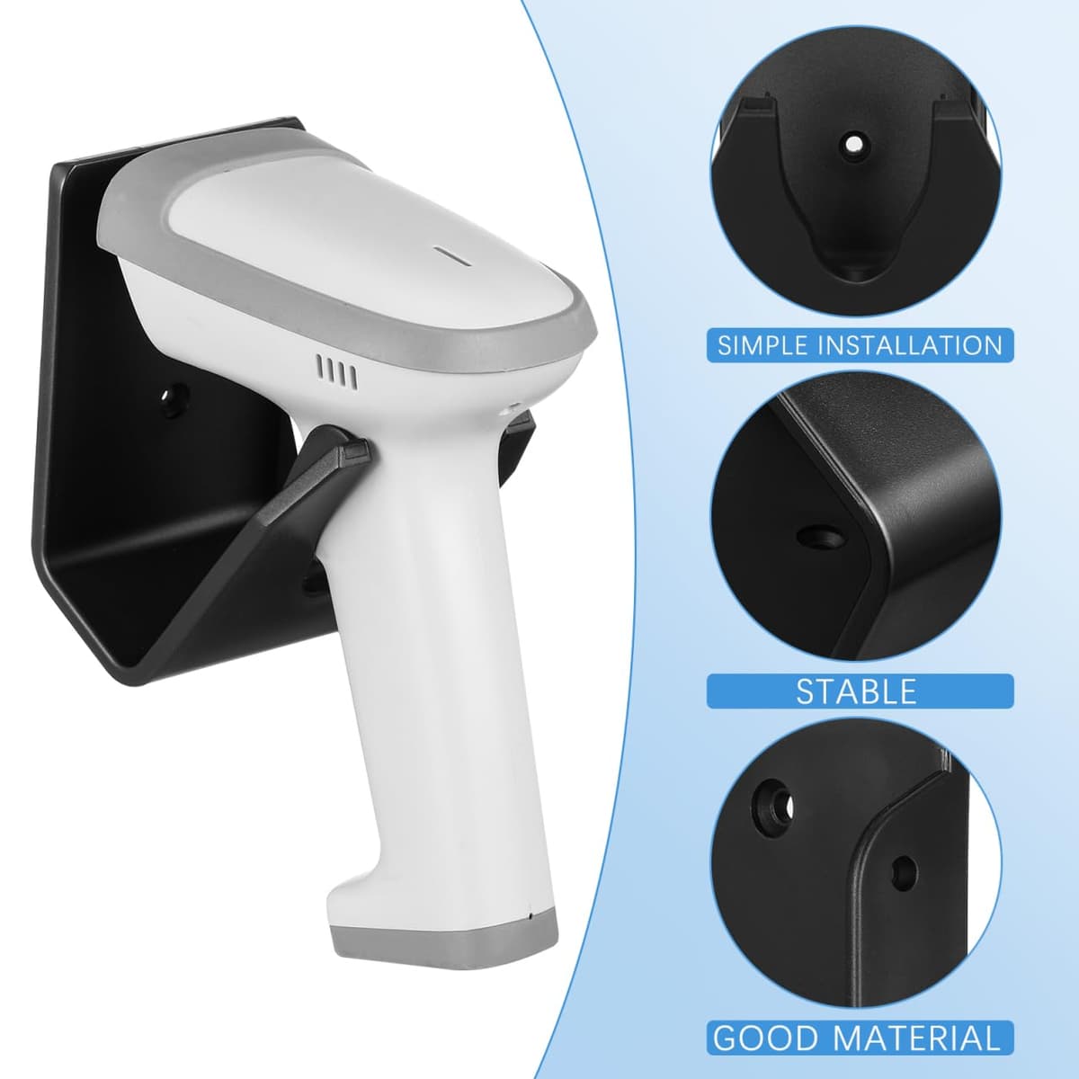 Tofficu Universal Barcode Scanner Holder, 360° Rotatable Desk Mount Bracket, Wall or Flat Installation, Black Plastic, Easy Setup for Home Use — view 3