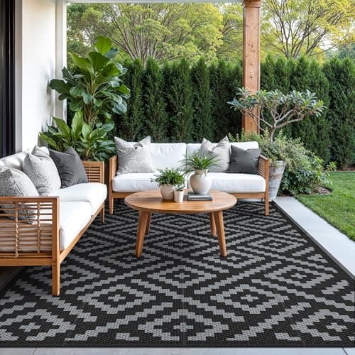 GENIMO 5x8 Outdoor Rug Waterproof, Reversible Mats, Outdoor Area Rug, Plastic Outside Carpet, Geometric Rv Mat for Patio Camping Rv Picnic Backyard Deck Balcony Porch Beach Trailer (Black & Grey) — view 5