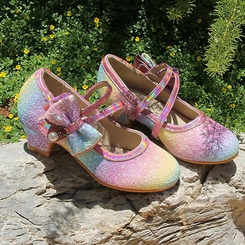 EIGHT KM Girls High Heel Dress Shoes Mary Jane Princess Wedding Party Pump Shoes EKM7035 Sparkle Glittery Crystal Pearl Bow Rainbow US Toddler Size 8 — view 6