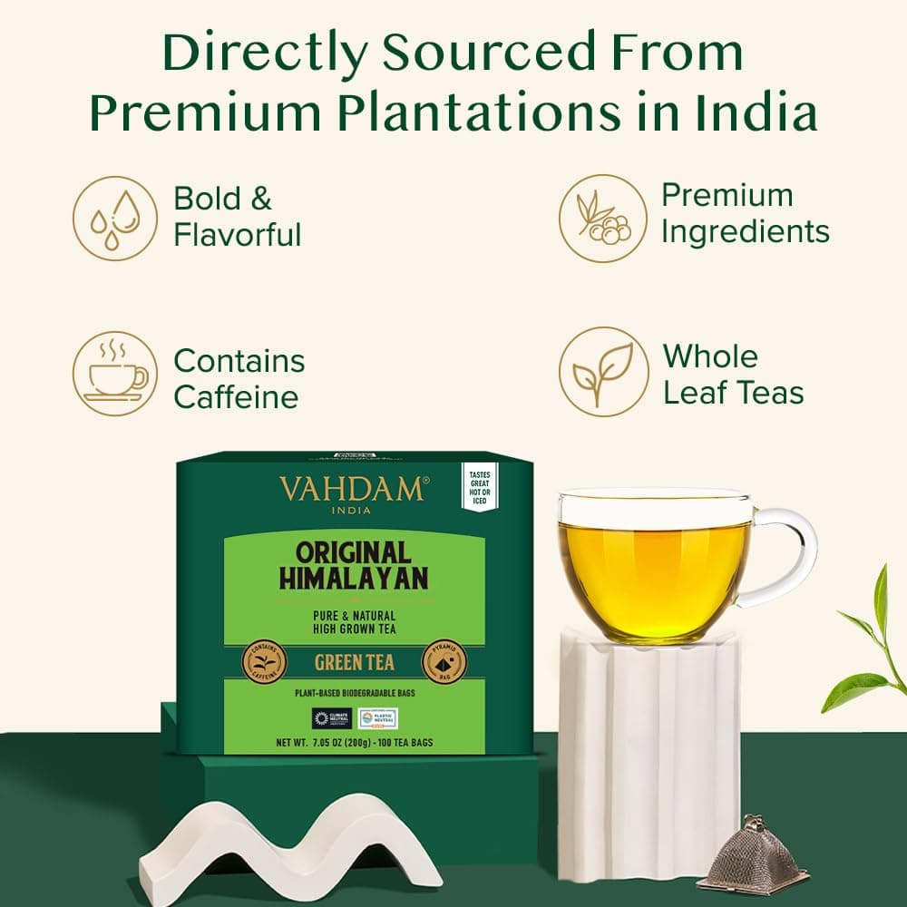 VAHDAM, Himalayan Té Verde (100 Piramidales Bolsitas De Té) 100% Pura Y Natural | Envasado Fresco En La India | Caliente, Frío O Como Kombucha — view 3