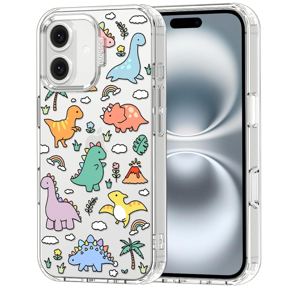 MOSNOVO Case for iPhone 16 Plus, [Buffertech 6.6ft Military-Grade Drop Protection] [Anti Peel Off Tech] Clear TPU Bumper Phone Case Cover Design - Dinosaur Land