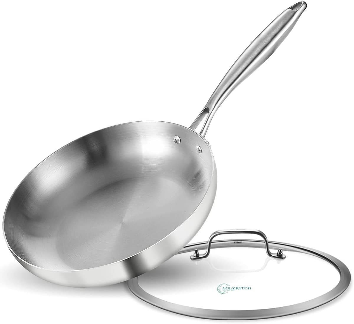 LOLYKITCH 8.5 Inch Tri-ply Stainless Steel Frying Pan with Lid,Skillet,Induction Cooking Pan,Dishwasher and Oven Safe,Riveted Handle