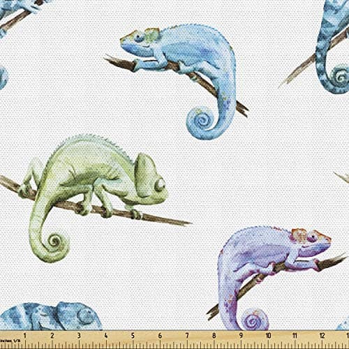 Ambesonne Chameleon Fabric by The Yard, Jungle Fauna Vivid Pattern with Colorful Reptile Animal on Branches, Decorative Fabric for Upholstery and Home Accents, 1 Yard, Blue Green