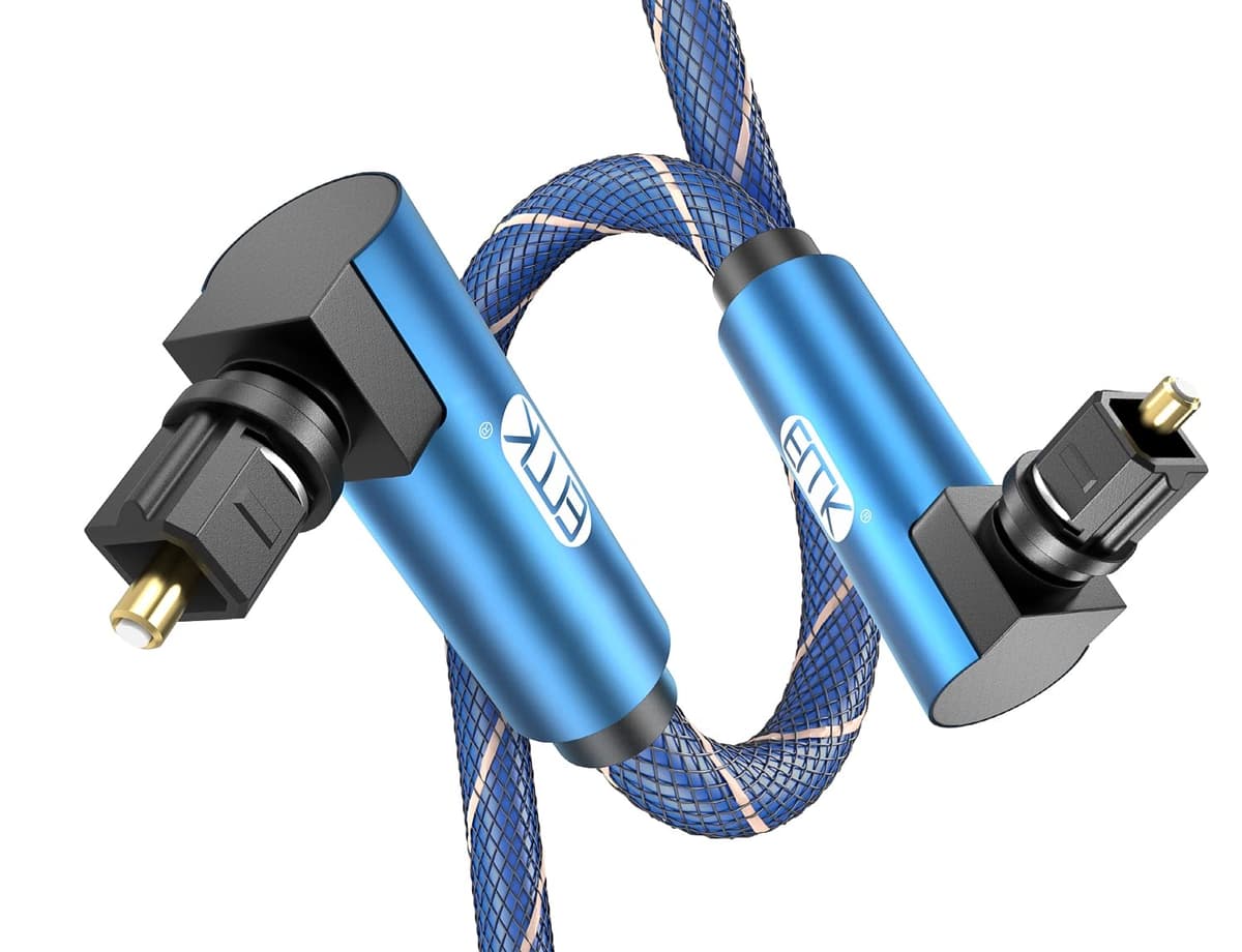 EMK Cable óptico de ángulo recto, cable de fibra óptica de enchufe Toslink giratorio de 90 grados para reproductor de Blu-Ray, barra de sonido, HDTV, PS3/PS4, Xbox (1,5M, Cable Óptico 90°, Negro) — view 8