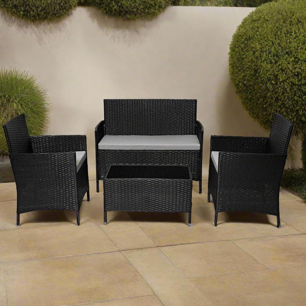 EVRE Black Rattan Garden Furniture Set Patio Conservatory Balcony Indoor Outdoor 4 Seater Piece Glass Top Coffee Table Modular Sofa Loveseat with Cushions — view 3