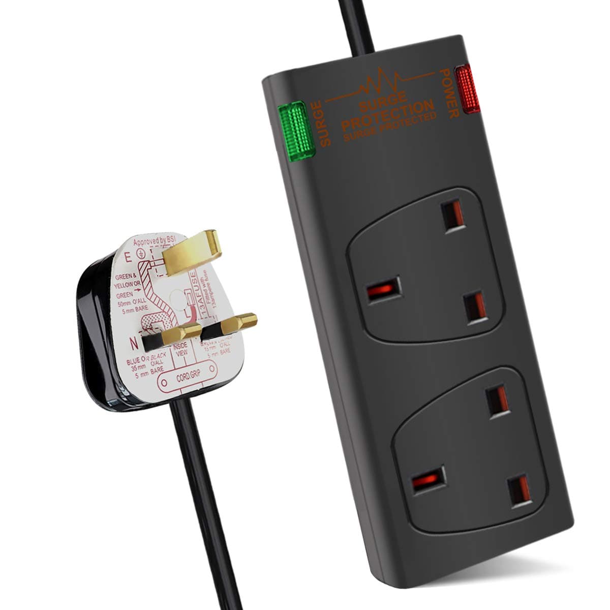 ExtraStar 2 Way Double Socket Power Mains Extension Lead 1M Metre Cable - Surge Protected British Approved 13A - White — view 8