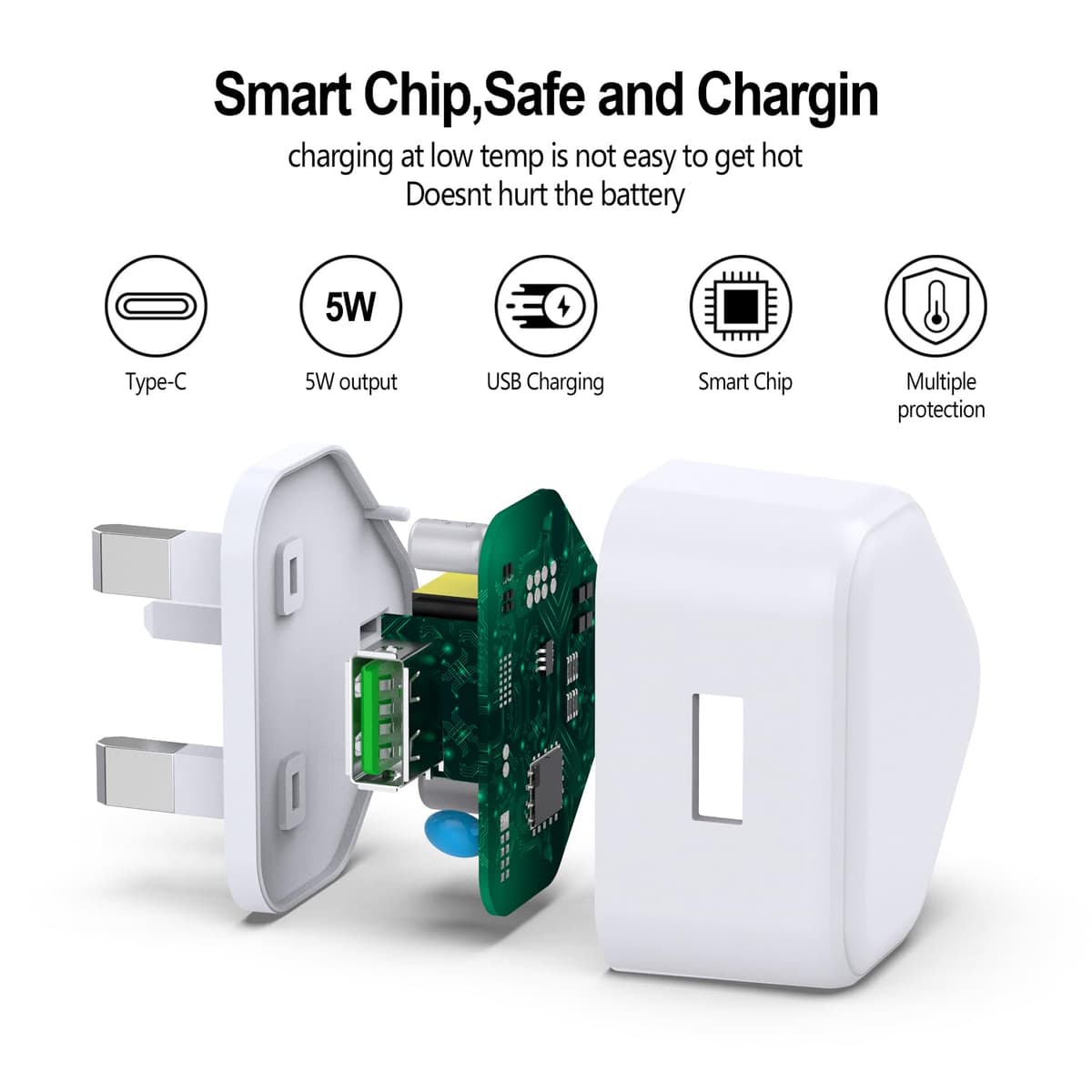 USB Plug UK,3Pack USB Charger Plug Adaptor iPhone Plugs with USB Port Compact 3 Pin Single Way Mains Charge Head 5W 5V 1AMP Socket Charging for i Phone 13 12 11 SE XS XR X 8 7 6 5 iPad Watch Airpods — view 2