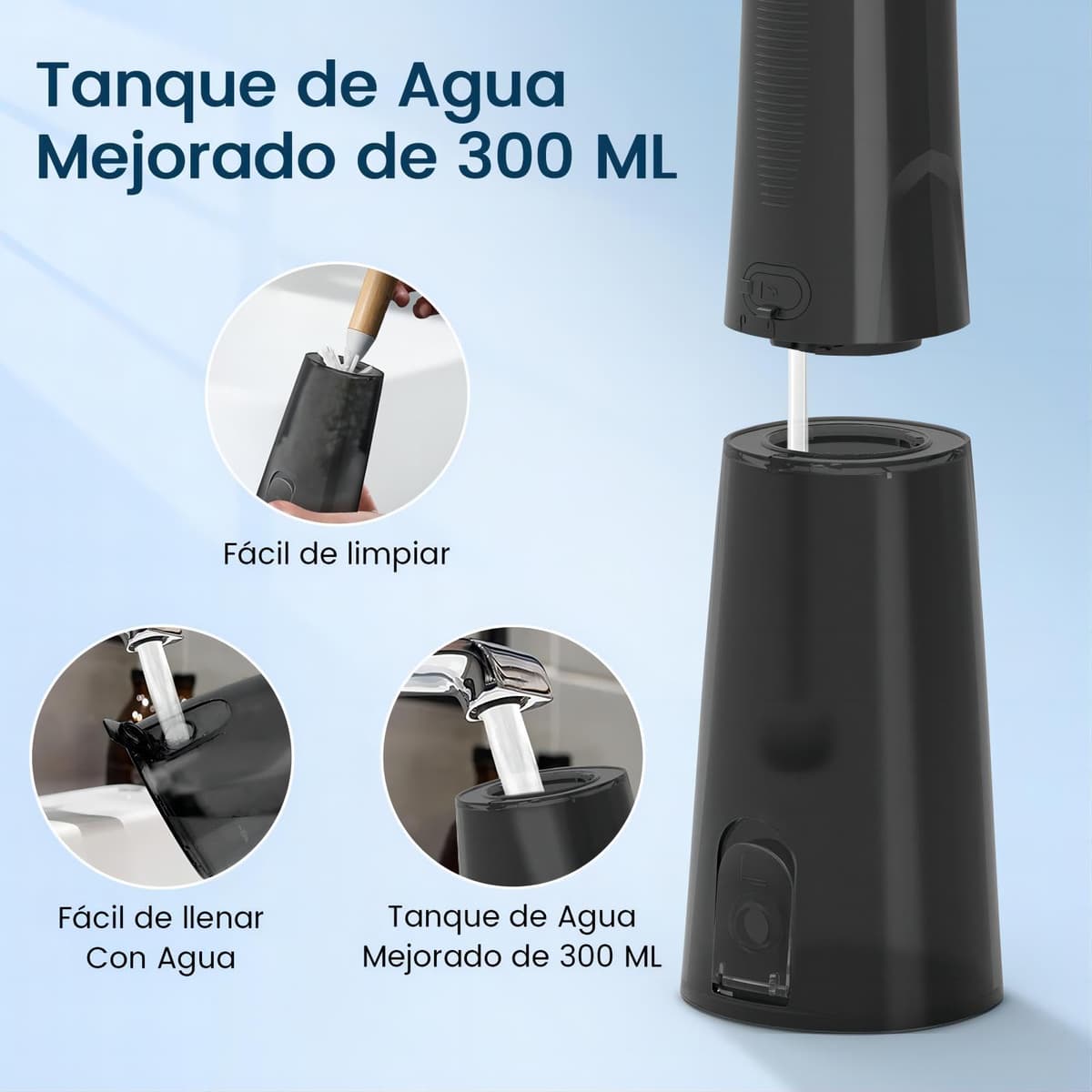 Irrigador Bucal Portatil, Vimmk Irrigador Dental Inalámbrico Profesional 8 Boquillas 5 Modos, IPX7 Impermeable 300ML USB-C Recargable Para Limpieza Dientes, Para el Hogar y los Viajes (Negro) — view 7