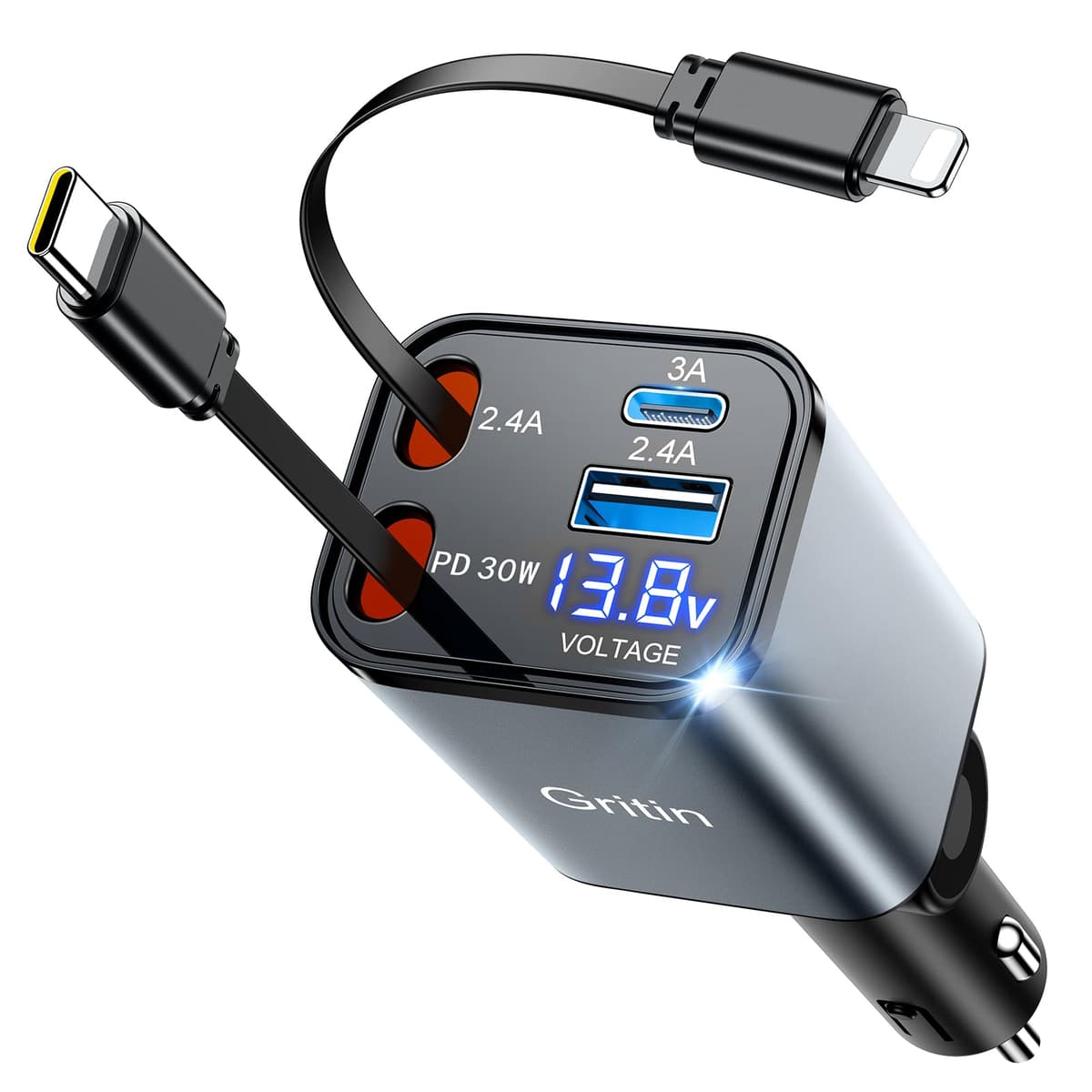 Gritin Retractable Car Charger, 69W Super Fast 4 in 1 USB C Car Charger Adapter with Smart Device-Adaptive Charging Technology&Instant Voltage Display, Accessories for iPhone17 16 Pro Max,iPad,Android Gray
