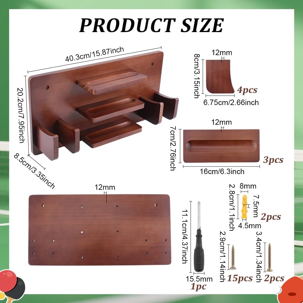 FINGERINSPIRE Soporte para raqueta de ping pong montado en la pared de 403 x 202 x 85 mm, madera de pino resistente, con kit de montaje, color marrón coco, ahorro de espacio — view 2