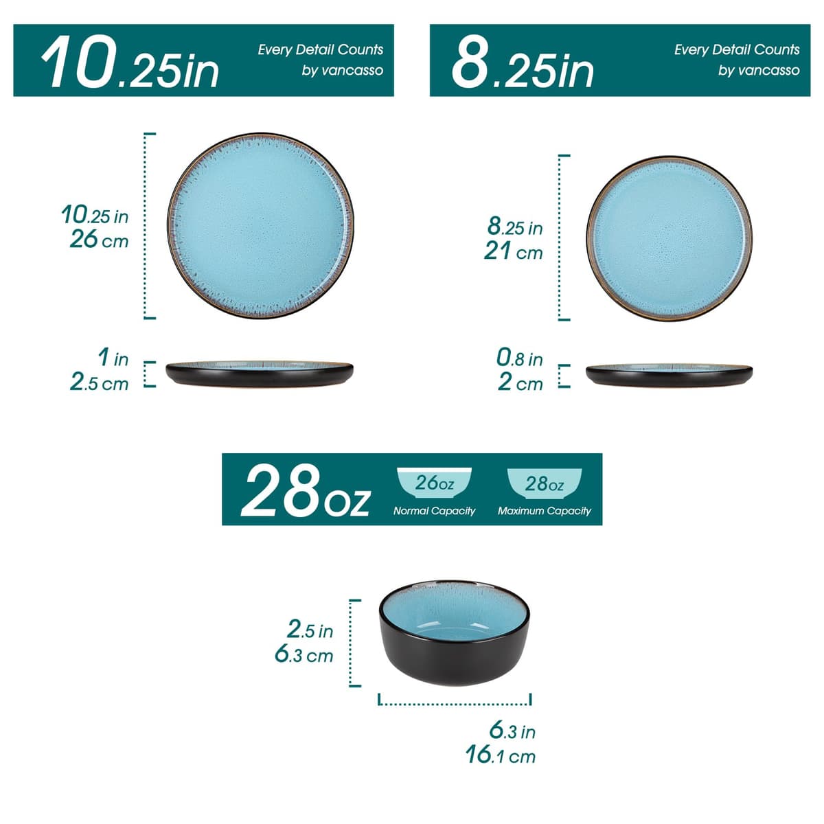 vancasso Amber 18 Pieces Dinner Set for 6, Reactive Glaze Stoneware Plates and Bowls Set, Blue Crockery Set with Dinner Plates, Dessert Plates & Cereal Bowls, Microwave & Dishwasher Safe — view 2