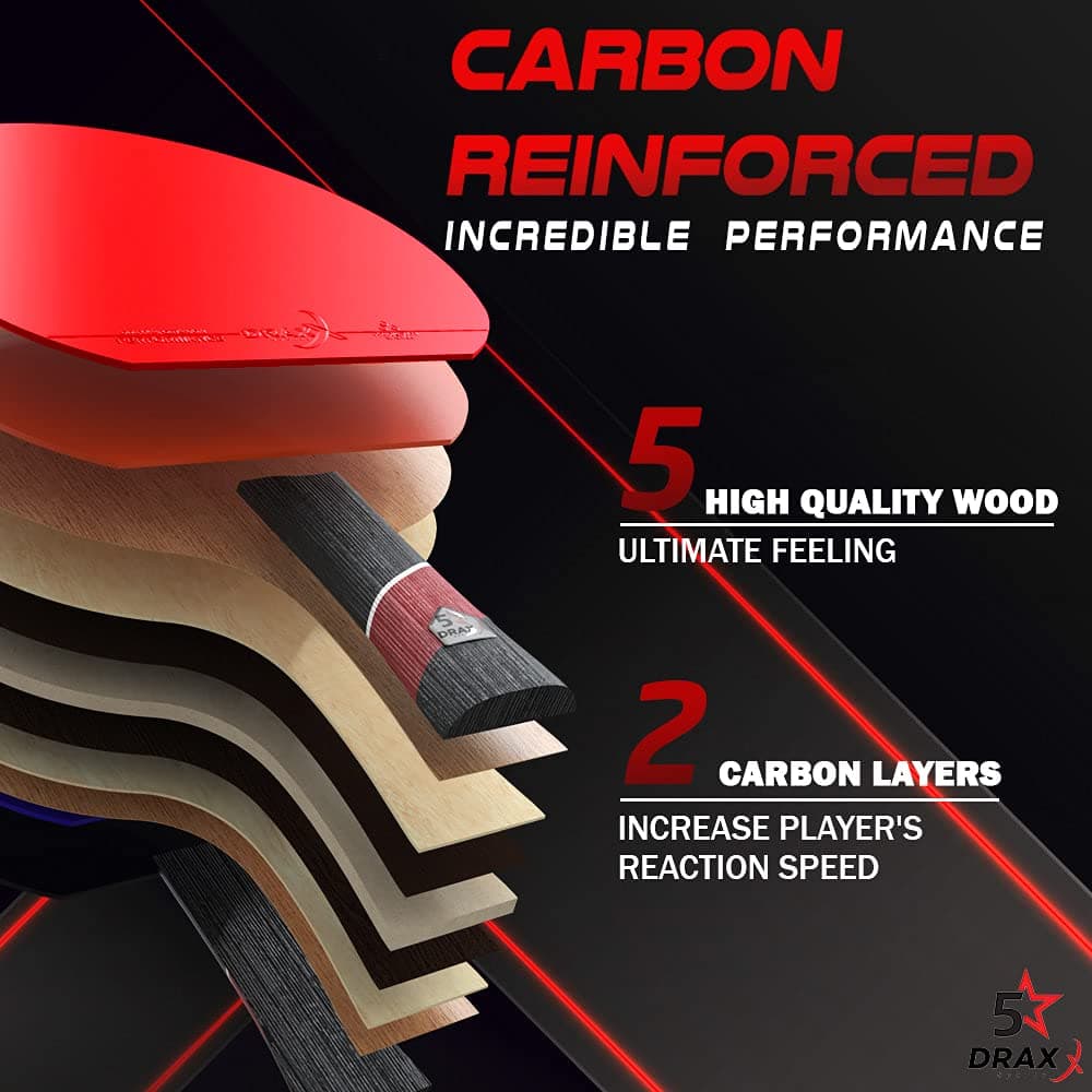 DRAXX Sports Pala Ping Pong Carbon | Raqueta de Carbono Profesional para un Control inigualable, Giro y Potencia, Ultra Ligera, Esponja de 2 mm y Revestimiento de Alto Rendimiento — view 5