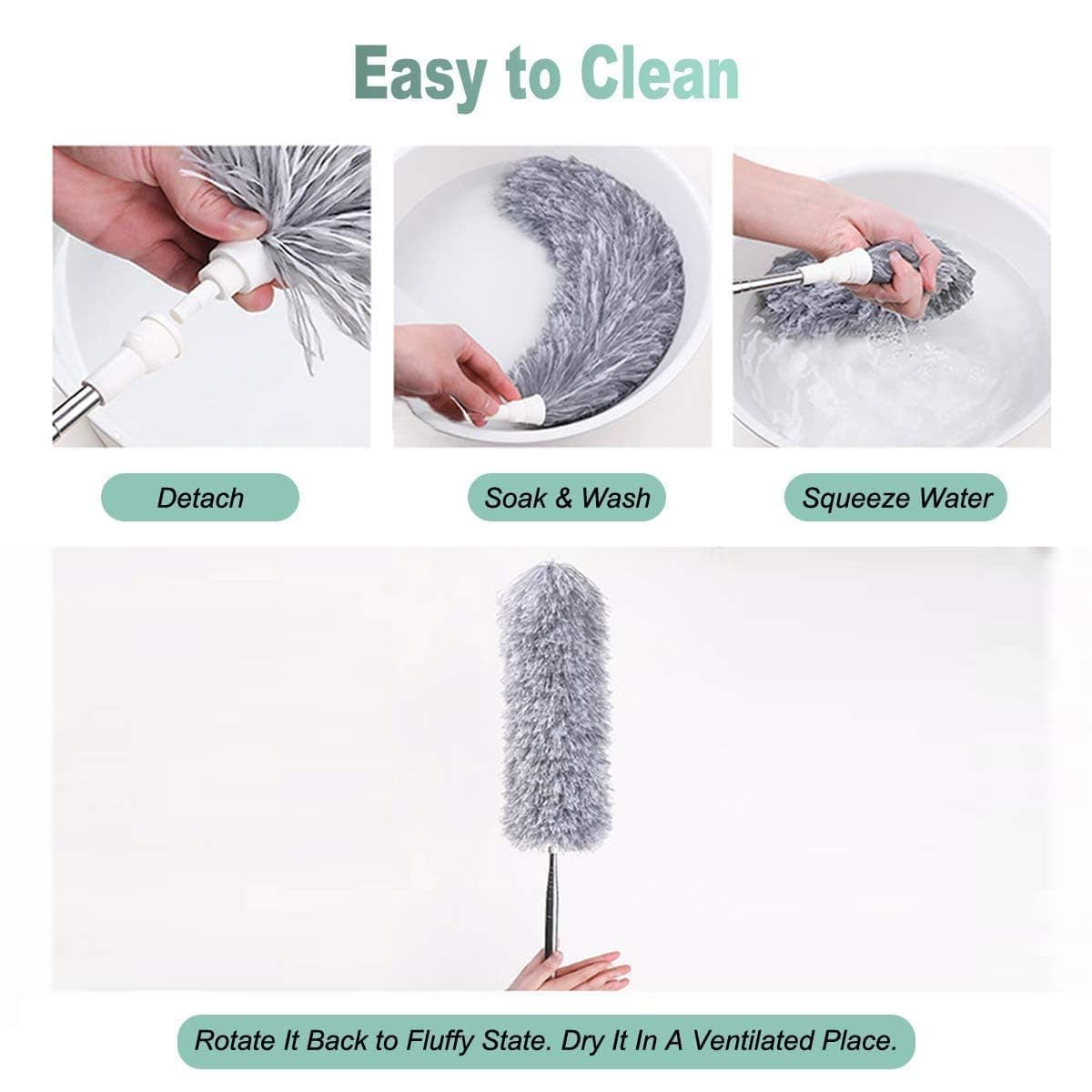 Vicloon Plumero de Limpieza, Plumero telescópico de 71cm-243cm, Microfibra, Gris, Plumero con 2 en 1 Ranuras Cepillo de Limpieza, Atrapa y Bloquea el Polvo,para Ventanas Persianas Muebles Coches — view 4