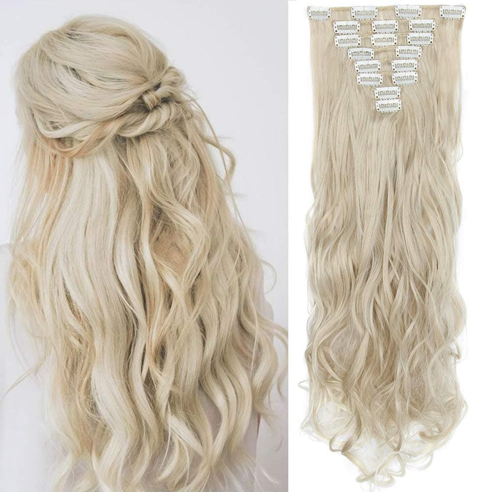 24"(60cm) SEGO Extensiones de Cabello Clip Pelo Sintético Se Ve Natural [Rubio Ceniza a Blanqueador Rubio] 8PCS Rizado Largo (140g)