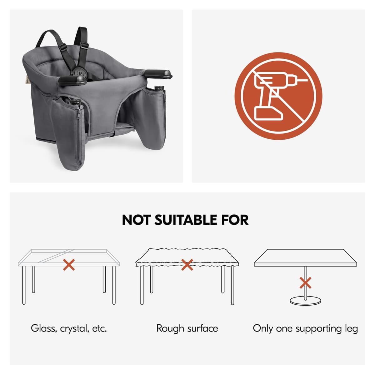 Hauck Fix N Sit Portable Baby Table Seat - Clip-On Travel High Chair for Babies & Toddlers (6m+), Secure 5-Point Harness, Foldable Screw Attachment, Washable Seat Cover, Organiser Pocket — view 8