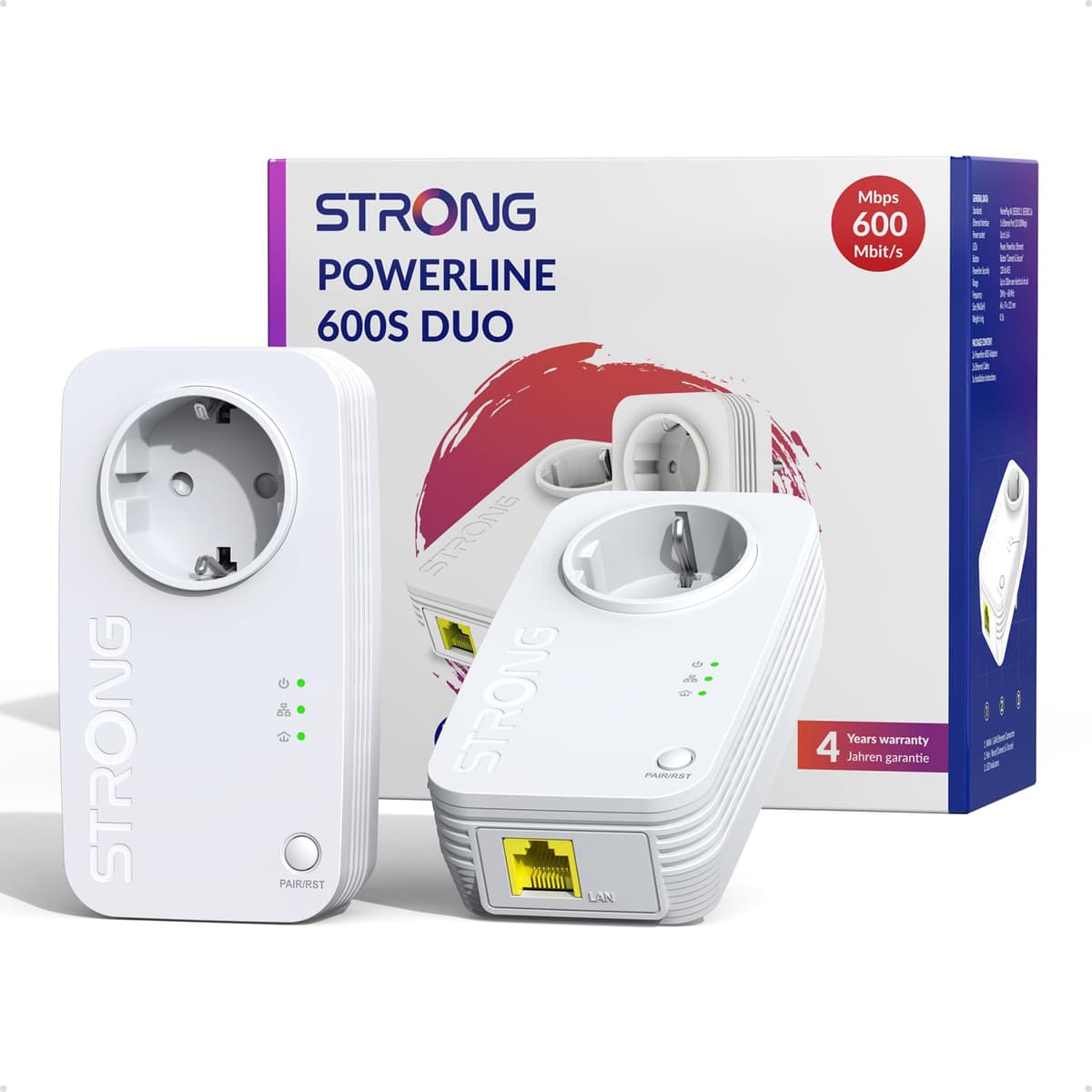 Strong AV600 Adaptador Powerline Set con Enchufe, PLC HomePlug AV2, Sin WiFi, Plug & Play, Enchufe Integrado, Modo de Ahorro de Energía, Puertos LAN 100 Mbit/s, Internet por Red Electrica (PL600S)