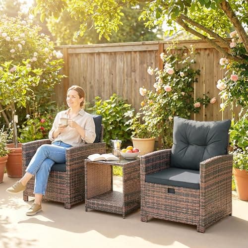 Outsunny 5 Piece Patio Furniture Set, Wicker Patio Chairs with Ottomans, 2-Tier Glass Coffee Table, Cushions, Outdoor Furniture Conversation Set for Balcony, Brown/Dark Grey — view 8