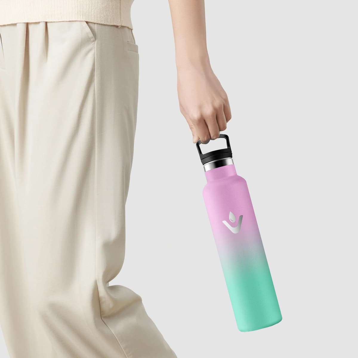 Motswedi Botella agua Termica, 1000ml Doble Aislamiento, Botella Termica 1 litro, Mantener 12H Caliente/24 Frío, Cantimplora, a Prueba de Fugas, Thermoflask, para Viaje, Exterior, Rosa & Verde — view 5