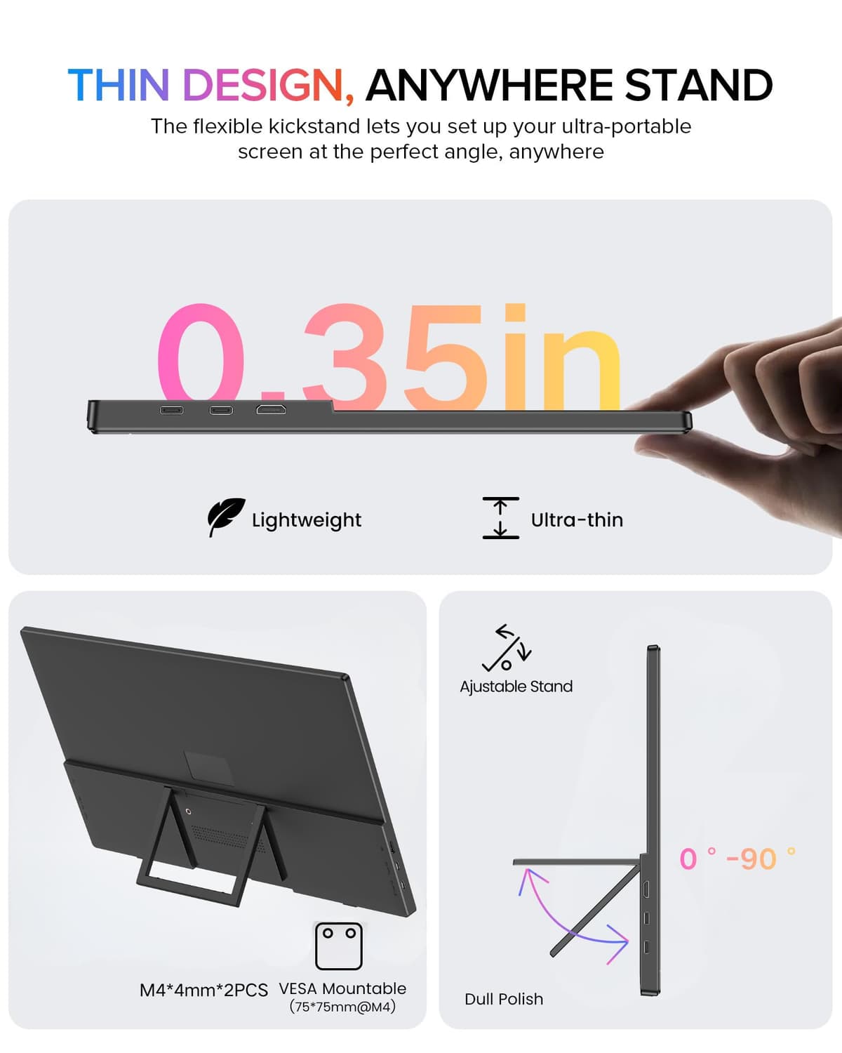 EVICIV Portable Monitor 15.6" 1080P, 125% sRGB 3000:1 FHD 350Nit 16:9 Travel Second Screen w/VESA, Eyc Care USB-C Mini HDMI External Display for Laptop/PC/Phone/Tablet, Compatible with PS5/Xbox/Switch — view 3