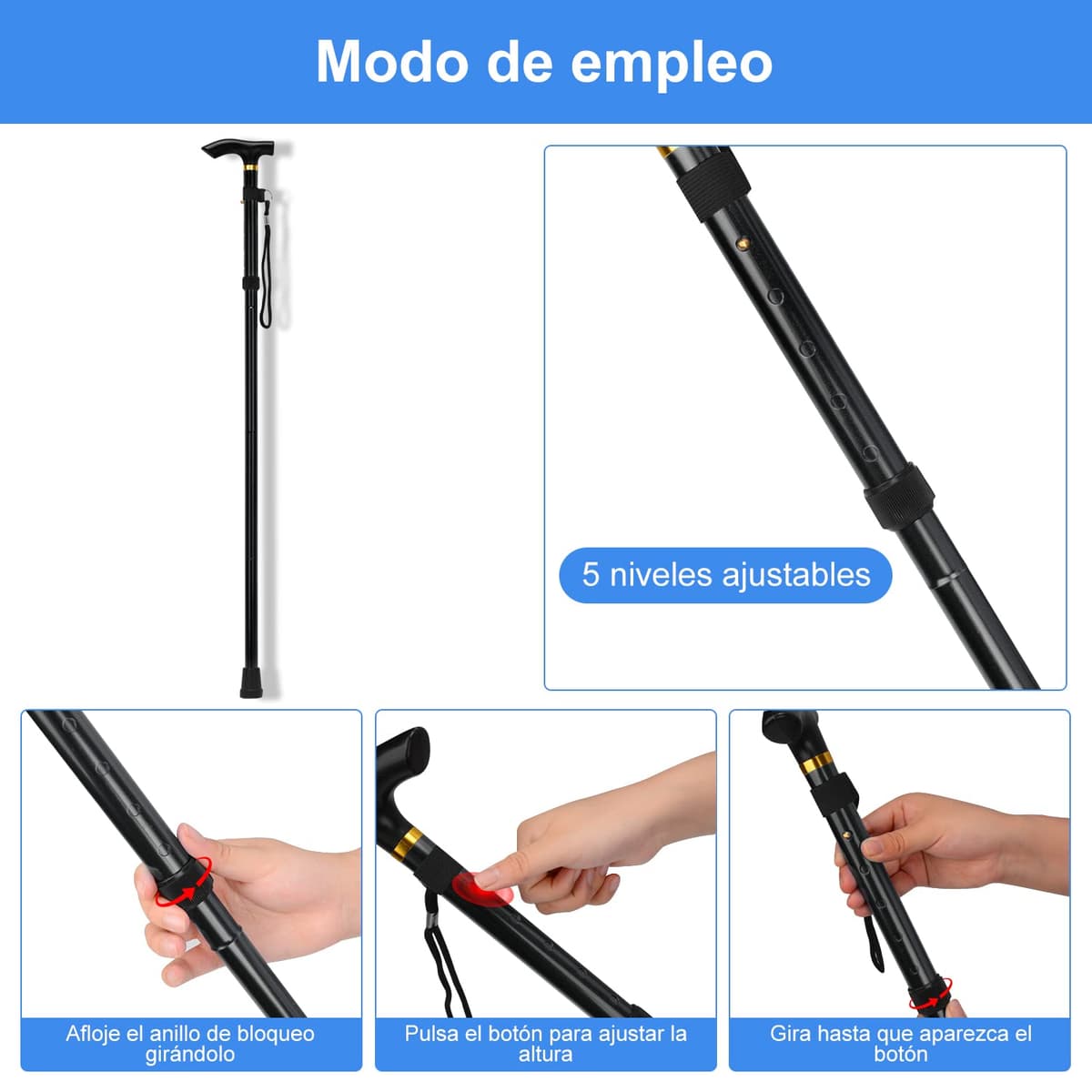 supregear Bastón Plegable, 5 Niveles de Altura Ajustable, Ligero y Portátil para Viaje, Mango en T y Pulsera, Extensible para Personas Mayores y Adultos con Discapacidad — view 3