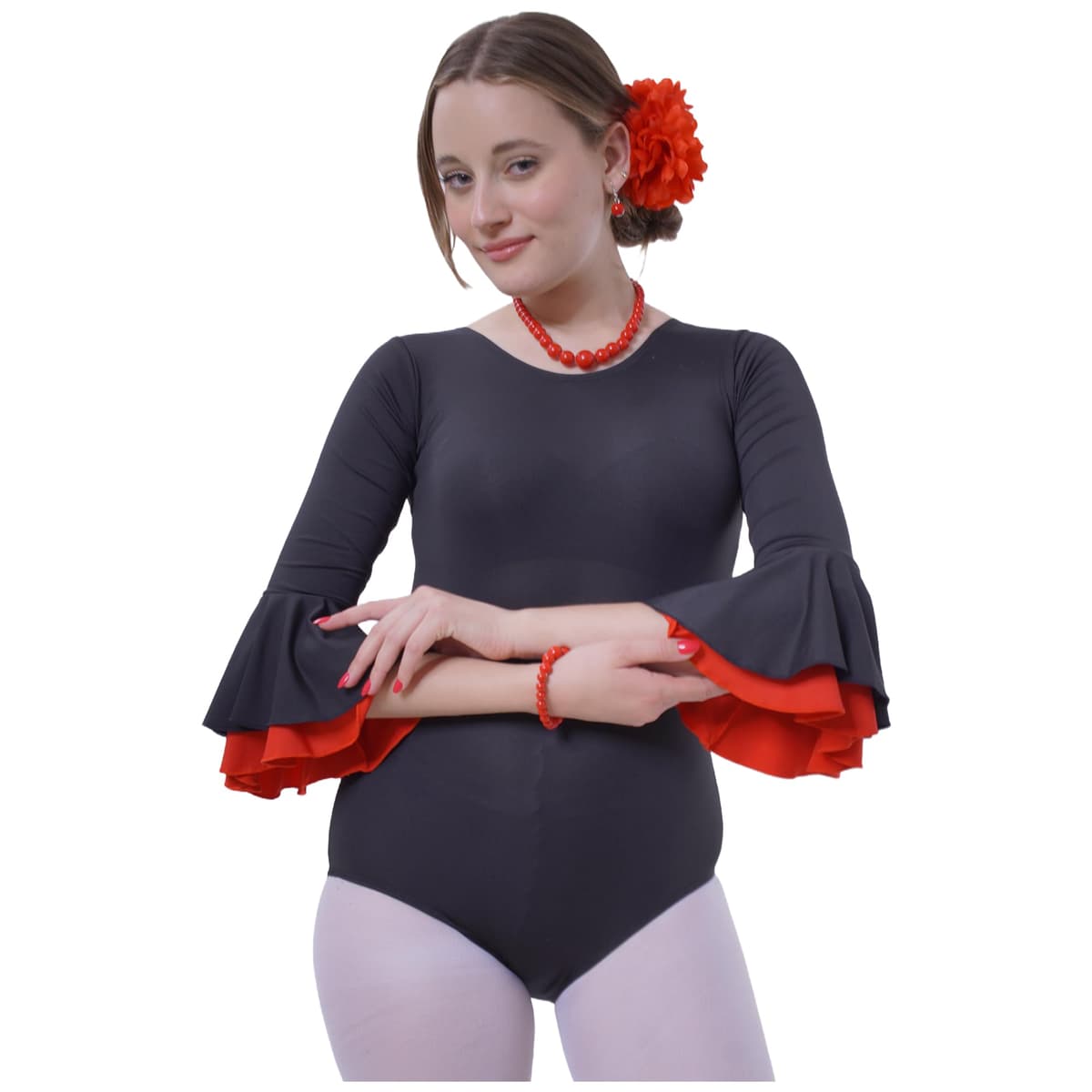 Carnavalife Body flamenco mujer negro maillot danza manga larga con volante, leotardo gimnasia ballet sevillanas, escote redondo, ribete rojo — view 7