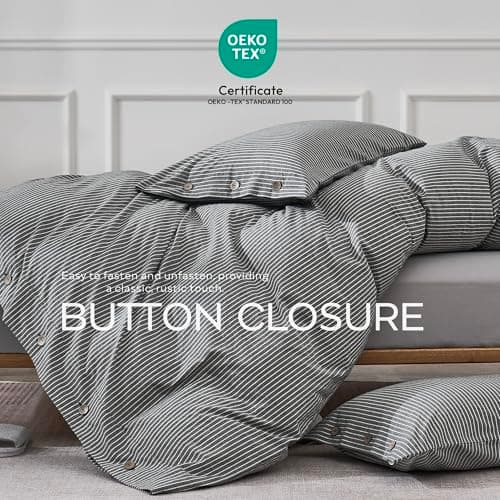 JELLYMONI Cotton Duvet Cover Queen Size - Black Vertical Pinstriped Comforter Cover with Button 100% Washed Cotton 3PCS Breathable Soft Solid Bedding Set Duvet Cover 90×90in & 2 Pillowcases — view 4