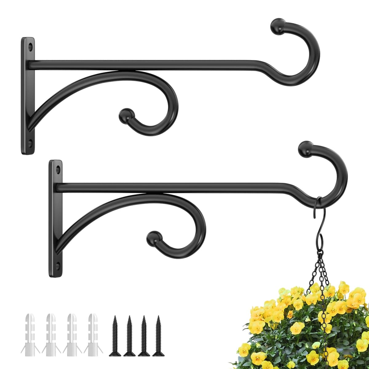 Pickpiff 2 Pcs 8-Inch Planter Hooks - Hanging Plant Hooks, Indoor/Outdoor, Wall Mounts for Plants, Baskets, Wind Chimes, Bird Feeders (Black Metal)
