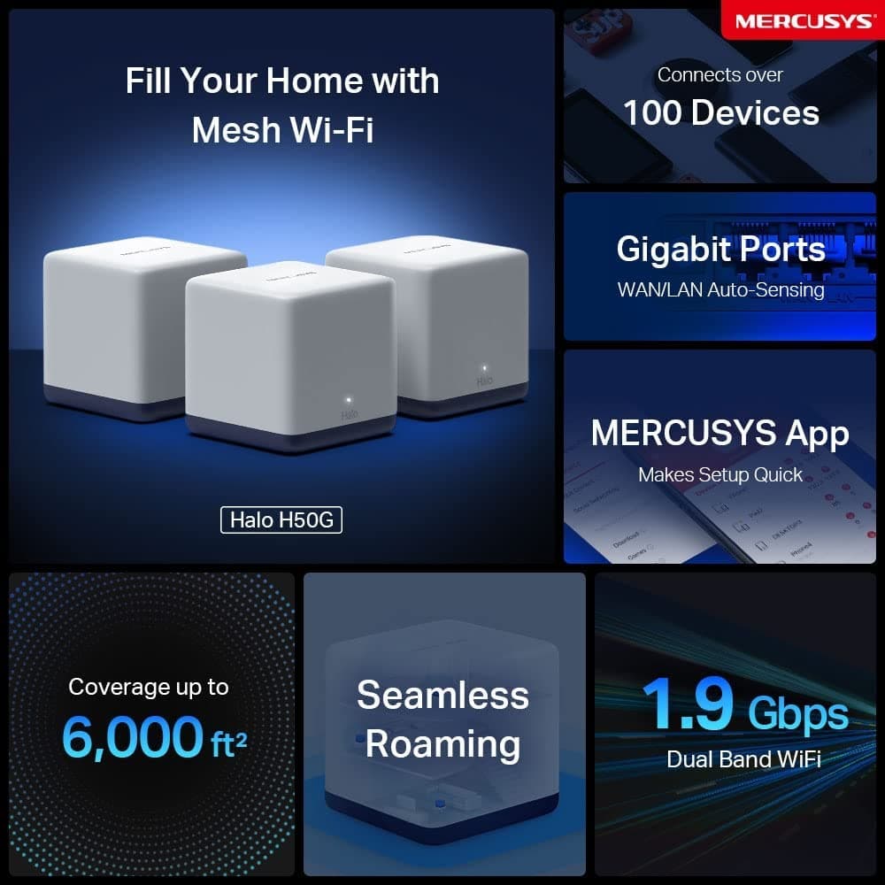MERCUSYS Halo H50G(3-pack) AC1900 WiFi Extender Booster,Dual Band Mesh WiFi System,TP-Link Router,VPN Encryption WiFi Booster,APP Control,Guest Network,Gigabit Ports,Easy Setup,Parental Control — view 3
