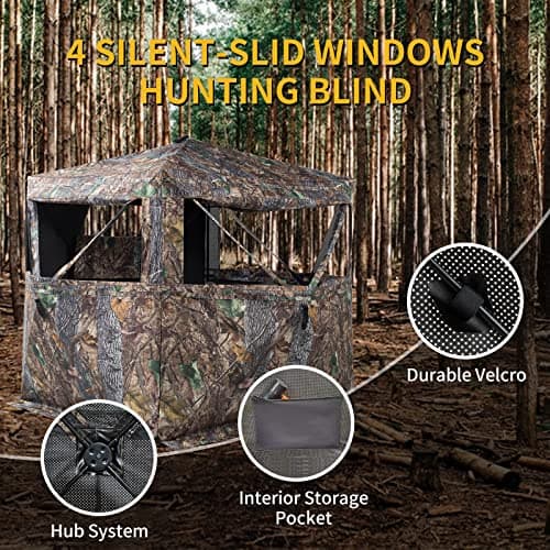 FUNHORUN Hunting Blind 360 Degree See Through Ground Blind for Deer/Turkey Hunting, 2/3 Person Pop Up Camouflage Tent with Chair, Portable Concealed Shelter with Carrying Bag — view 3