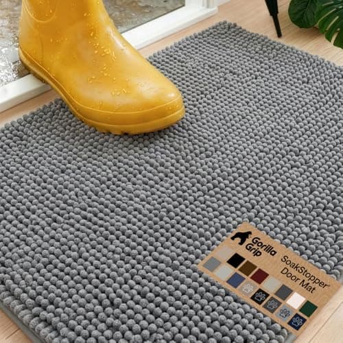 GORILLA GRIP Absorbent Soak Stopper Doormat, Rubber Backing Welcome Mat, Muddy Dog Paws Dirt, Washable Quick Dry Microfiber Chenille Floor Interior Door Mats, Home Décor, 24x17 in Gray
