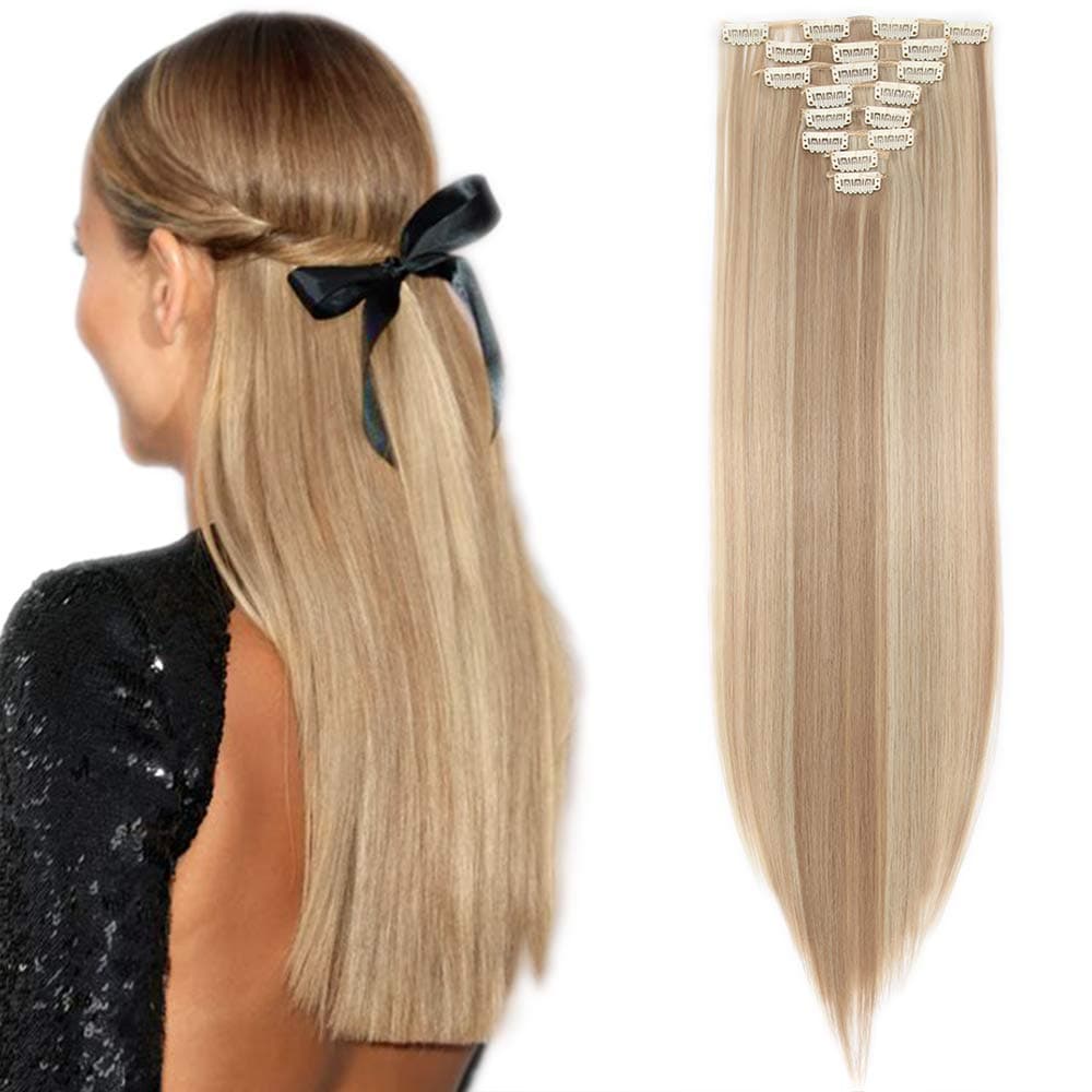 24"(60cm) SEGO Extensiones de Cabello Clip de Pelo Sintético Se Ve Natural 8 PCS [Sandy Rubio mezcla Blanqueador Rubio] Rizado Ondulado Largo Postizos Pelucas (140g) — view 17