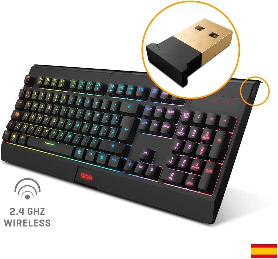 KROM Kabala - Kit Teclado Membrana inalámbrico RGB Rainbow retroiluminado, 6 Teclas Anti-Ghosting, Raton Óptico inalámbrico 6