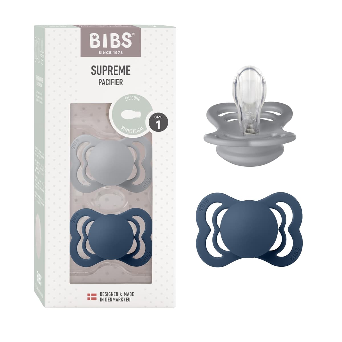 BIBS Supreme Dummies 2-Pack, BPA Free Dummy Pacifier, Silicone Symmetrical Nipple Soother, Size 1 (0-6 Months), Cloud/Steel Blue