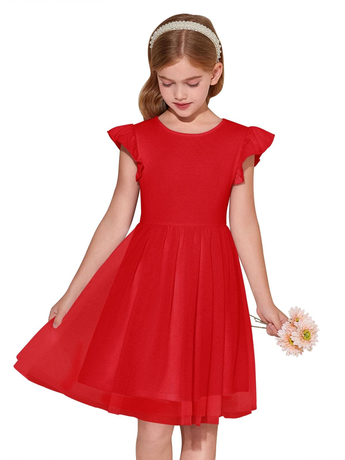 Haloumoning Vestido de niña con mangas con volantes, cuello redondo, monocolor, vestido de verano, línea A, vestido de princesa de tul, festivo, cumpleaños, boda, fiesta, vestido informal — view 7