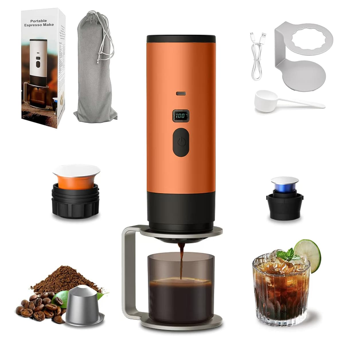3-in-1 Portable Coffee Maker, 15 Bar Portable Espresso Machine with LED Display and 90ml Sink, Compatible with Ground Coffee & Capsules(Ns&DG) for RV, Hiking, Office, Auto-Heating, USB-C (Purple) — view 13