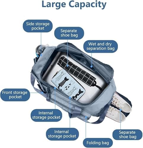 Gym Bag Womens Men with Shoes Compartment and Wet Pocket, Lightweight Foldable Travel Duffel Bag Sport Gym Tote Bags Weekend Overnight Bag for Travel Sports Yoga Outdoor Activities (Blue)