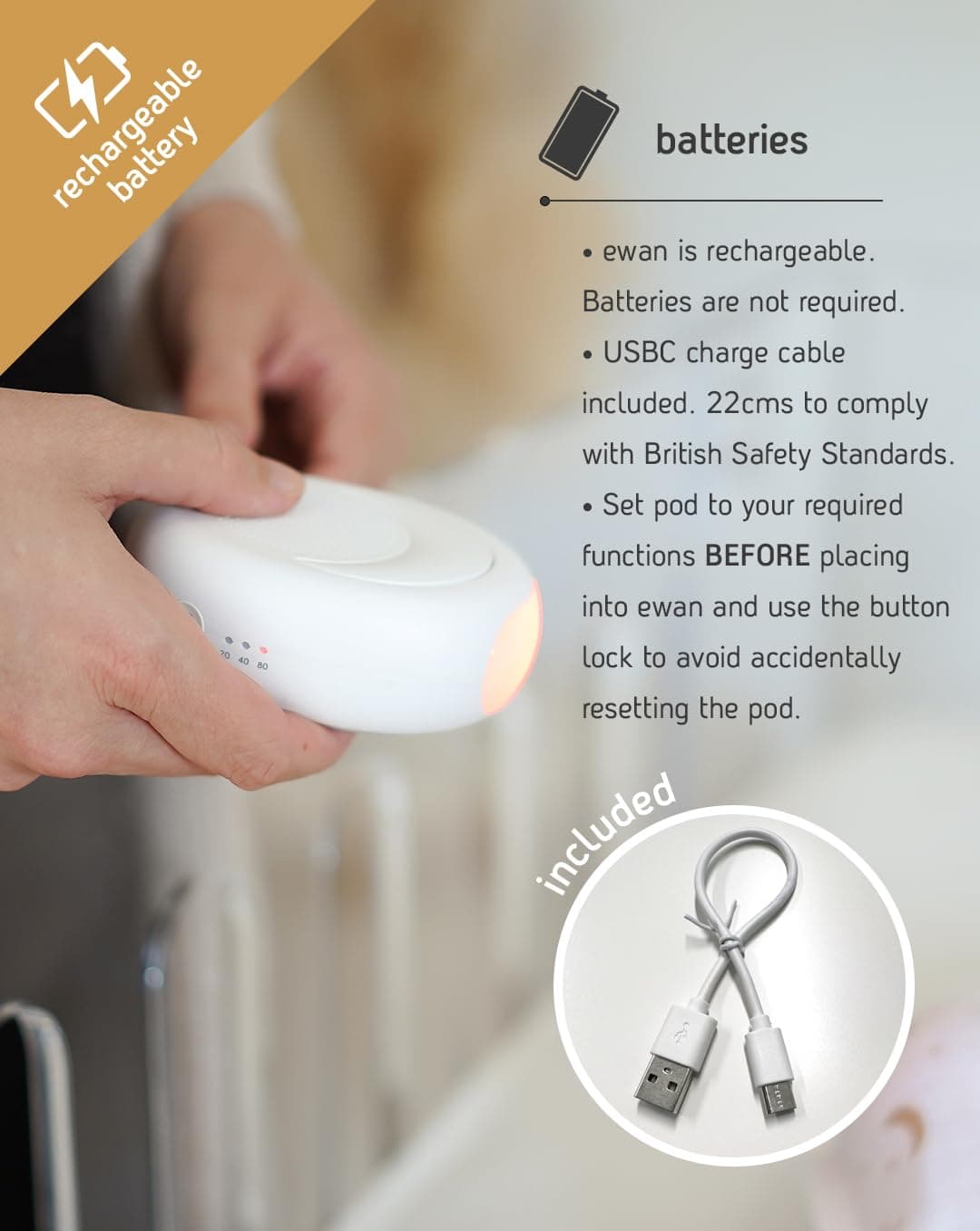Sweet Dreamers, Rechargeable Ewan Deluxe, Beige | Baby & Infant Sleep Aid Gift | Cry Sensor & Nightlight | 10 Soothing White & Pink Noise Sounds | Continuous or Timer Playback | Machine Washable — view 2