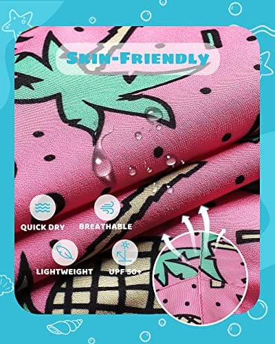 MaaMgic Boys Swim Trunks with Compression Liner Toddler Stretch Quick Dry Swim Shorts Quick Dry 2 in 1 Beach Shorts,Palm Pineapple Pink,Medium(10/12) — view 3