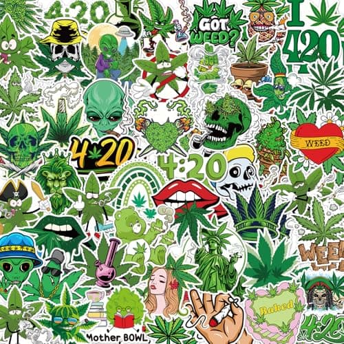 Vemfare Weed Plant Stickers for Adults - 100 Pcs Green Leaves Trippy Water Bottle Stickers, 420 Waterproof Vinyl Scrapbook Decals for Laptop Journaling