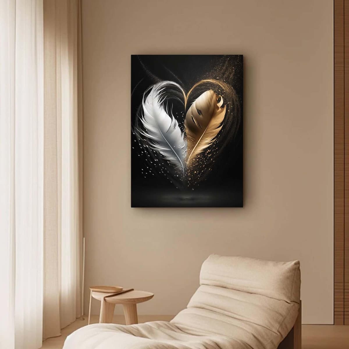 Qiukoo Framed Canvas Wall Art – Gold and Black Feather Heart Artwork, Waterproof Modern Print with Hook, Wall Decoration for Living Room or Bedroom, Elegant Pictures for Bedroom Walls – 12x16 Inch — view 3