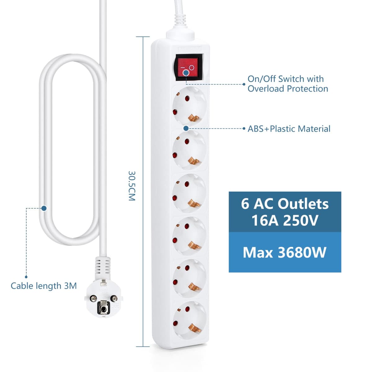 Aigostar Regleta alargador de 6 enchufes con Cable de 3 Metros e Interruptor. Color Blanco — view 2