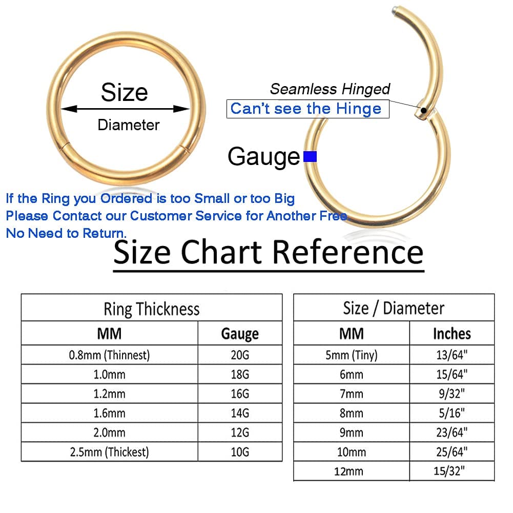 Afftiny Nose Ring Septum Hoop 20G/18G/16G/14G/12G 316L Surgical Stainless Steel Hinged Seamless Earrings, Diameter 5MM-16MM, Gold/Silver/Black/Rose Gold/Rainbow Color — view 4
