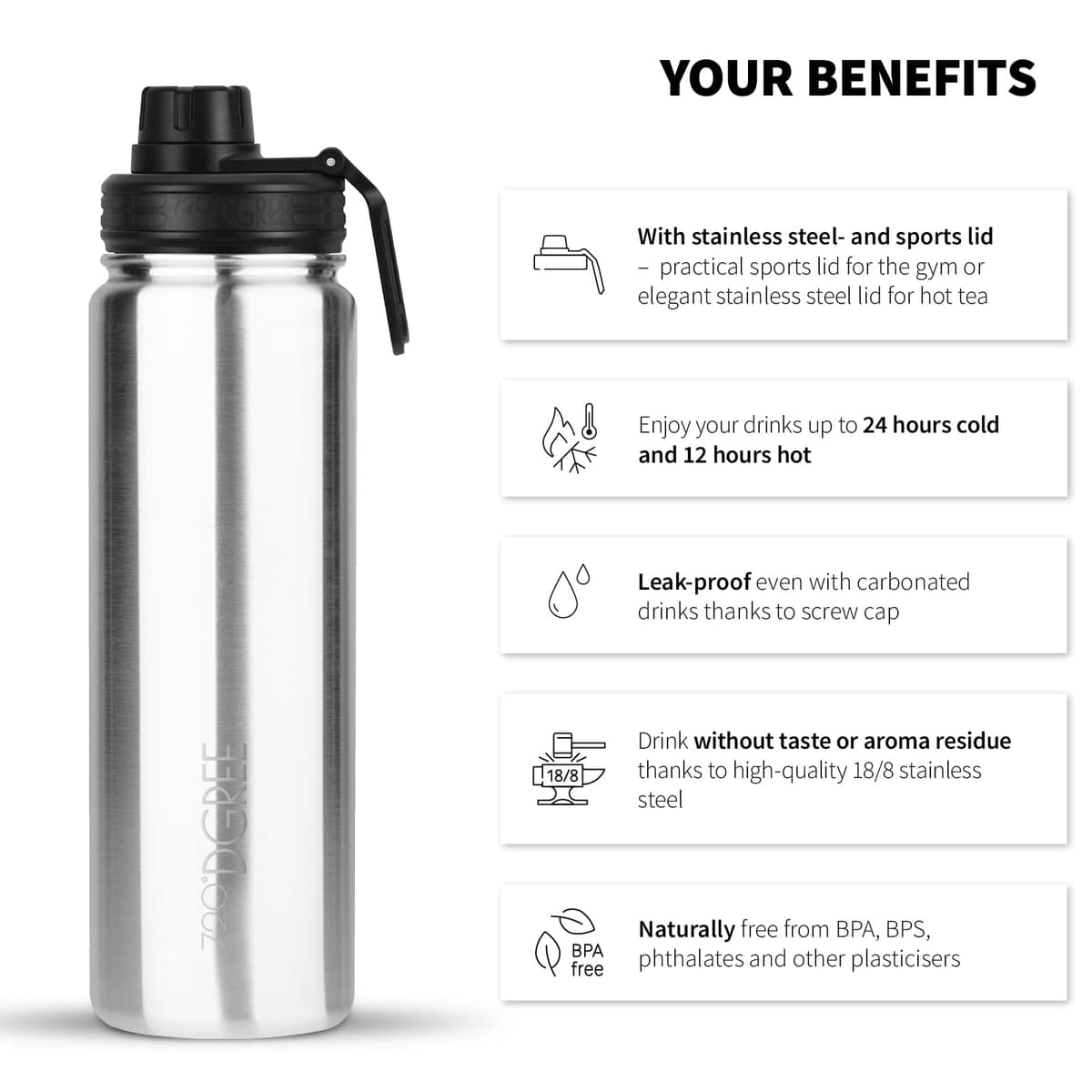 720°DGREE Vaccum Insulated Water Bottle “noLimit“ - 410ml, 530ml, 710ml, 950ml, 1200ml - Leakproof, BPA-Free, Thermo Stainless Steel Flask - Sports, Gym, School, Travel, Carbonated Drinks +Sports-Cap — view 2
