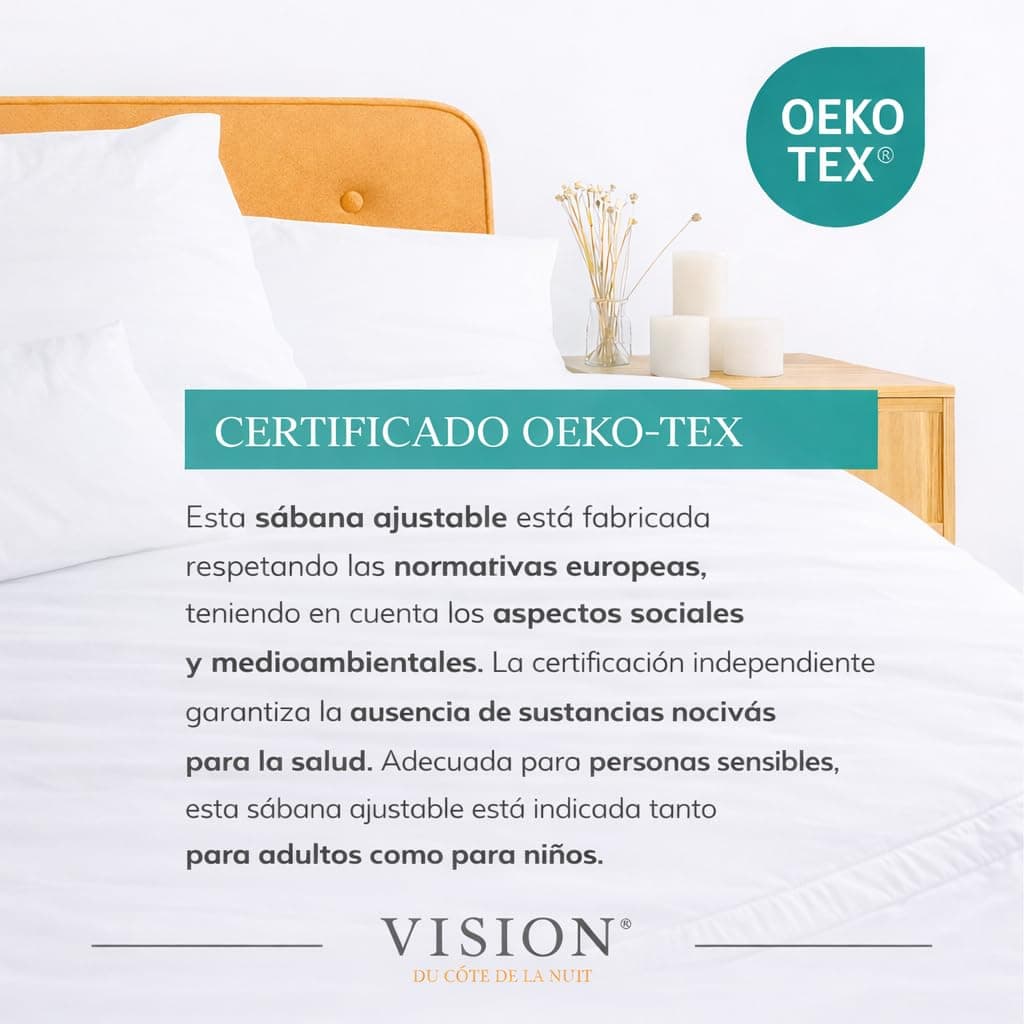 VISION Sábana Ajustable - 100% algodón - Cama Individual (90 x 190 cm) - Esquinas elásticas - Se Adapta a colchones de hasta 25 cm - Certificación Oeko-Tex - Lavable a máquina - Color: Blanco — view 4